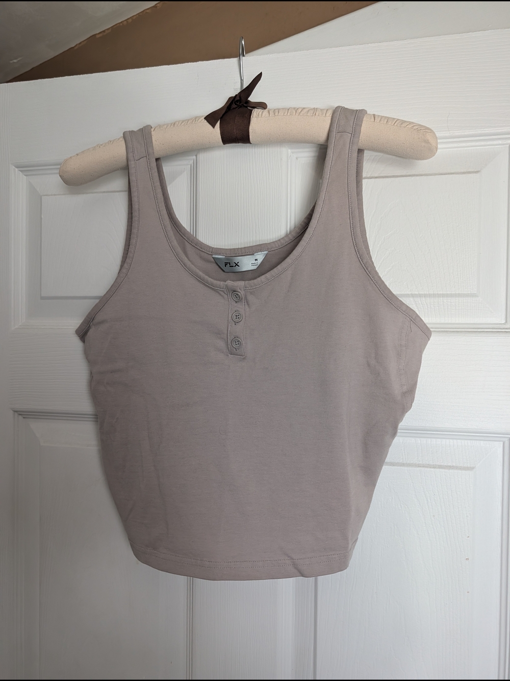 FLX Women's Taupe Scoop Neck Henley Crop Tank